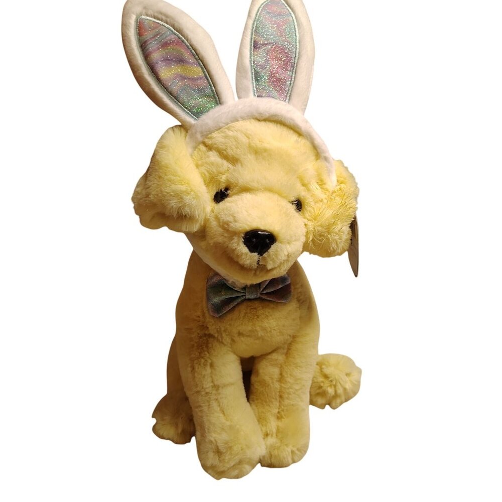 FAO Schwarz Yellow Plush Puppy Dog Labrador Bunny Ears Bowtie Stuffed Animal 12"